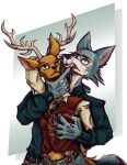  5_fingers alpha_channel anthro antlers beastars brown_body brown_eyes brown_fur canid canine canis cervid claw_marks claws clothed clothing duo fangs fingers fur grey_body grey_fur hand_on_neck hi_res horn hypnodrama legoshi_(beastars) louis_(beastars) male mammal neck_grab necktie predator/prey scar simple_background wolf 