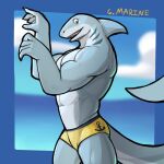  1:1 2021 abs anthro blue_border border claws clothing cloud day english_text fin fish gills jrjresq looking_at_viewer male marine muscular muscular_anthro muscular_male navel number open_mouth open_smile outside shark side_view sky smile solo speedo standing swimwear text water 