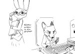  2021 anthro black_and_white canid canine clothed clothing computer_mouse disney duo eyewear female fox fully_clothed glasses hi_res inktober inktober_2021 judy_hopps judyhopps44 keyboard lagomorph leporid male mammal monochrome necktie nick_wilde rabbit red_fox shirt topwear zootopia 