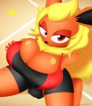  anthro anthrofied big_breasts bottomwear breasts bulging_breasts cleavage cleavage_overflow clothed clothing eeveelution female flareon hi_res high-angle_view huge_breasts kneeling looking_at_viewer nintendo pok&eacute;mon pok&eacute;mon_(species) pok&eacute;morph shorts slickehedge solo video_games 