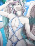  anthro bulge clothed clothing crossdressing digital_media_(artwork) dragon feathered_wings feathers fur furred_dragon girly hair hi_res kalmor looking_at_viewer male purpurrot solo swimwear wings 
