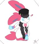  &lt;3 blue_body blue_eyes blue_fur celandine clothed clothing digital_media_(artwork) eeveelution feral flurfuchs fur hat headgear headwear hi_res multicolored_body nintendo pink_body pink_fur pok&eacute;mon pok&eacute;mon_(species) ribbons signature simple_background smile solo sylveon topwear video_games white_body white_fur 