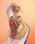  4:5 anthro avian blue_eyes celeste_(plasma7007) clothing ear_piercing ear_ring fan_character feathers female hair leather leather_clothing long_hair looking_back nintendo orange_body piercing rito shinigamigirl simple_background solo the_legend_of_zelda video_games white_body winged_arms wings 