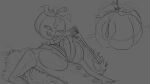  16:9 animate_inanimate anthro breasts cleavage clothed clothing crossgender disassembled female food fruit genitals halloween holidays jack-o&#039;-lantern monochrome plant pumpkin pumpkin_boobs pumpkin_butt pumpkin_head pussy ruanshi scarecrow sketch solo widescreen 