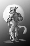  anthro armor butt clothed clothing contrapposto domestic_cat felid feline felis female hi_res mammal melee_weapon monochrome partially_clothed plantigrade plate_armor pose presenting revertigo simple_background smile smiling_at_viewer solo sword weapon 