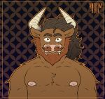  absurd_res anthro antrimbull beard bovid bovine cattle facial_hair fangs fluffy_chest hair hi_res highland_cattle horn long_hair looking_at_viewer male mammal mustache nipples sharp_teeth shirtless simple_background solo teeth were werebovine werecattle 