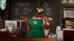  16:9 3d_(artwork) 4k absurd_res anthro antlers apron apron_only barista big_breasts breasts cervid clothing coffee_cup container cup digital_media_(artwork) dongly12 female green_apron green_hair hair hi_res horn i_mean_breast_milk looking_at_viewer mammal mature_female meme mostly_nude solo starbucks widescreen 
