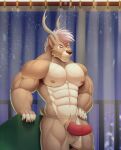  5_fingers abs anthro antlers big_arms big_pecs cervid fingers front_view fur genitals hair hi_res horn humanoid joey_(jolastuco) looking_at_viewer male mammal manly muscular night nude pecs penis primodrago showing_teeth smile snout solo standing white_hair 