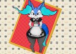  :3 absurd_res ambiguous_gender anonymous_artist anthro black_body blue_body blue_fur braixen clothed clothing digital_media_(artwork) english_text fur hi_res inner_ear_fluff looking_at_viewer maid_uniform multicolored_body multicolored_fur nintendo pok&eacute;mon pok&eacute;mon_(species) reggie_minora_(character) simple_background smile solo standing text tuft two_tone_tail uniform video_games white_body white_fur wide_hips 