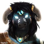  1:1 2021 anthro black_body black_fur black_hair digital_media_(artwork) equid equine eyebrows eyelashes fur glowing glowing_eyes hair headshot_portrait hi_res horn looking_at_viewer mammal portrait shalinka simple_background smile solo white_background 