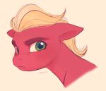  2021 absurd_res annoyed blonde_hair digital_media_(artwork) ears_down equid equine eyebrows green_eyes hair hasbro hi_res horse imalou looking_at_viewer male mammal mlp_g5 my_little_pony pivoted_ears pony red_body signature simple_background solo sprout_cloverleaf_(mlp) tan_background 