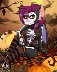  anthro autumn bat_wings belt black_body black_fur boots breasts candy chiropteran cleavage clothed clothing dessert duo fangs female food footwear fruit fur halloween hi_res holidays knee_boots knee_highs leather legwear mammal markings membrane_(anatomy) membranous_wings object_in_mouth pandaman90 plant pumpkin sitting solo_focus thigh_highs white_body white_fur wings 
