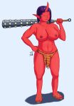  absurd_res asian_mythology big_breasts bottomwear breasts clothed clothing demon east_asian_mythology eyes_closed female footwear hair hand_on_hip hi_res holding_object holding_weapon horn horned_humanoid huge_breasts humanoid humanoid_pointy_ears japanese_mythology loincloth mace melee_weapon mostly_nude muscular muscular_female mythology neatnick nipples not_furry oni pattern_clothing purple_hair red_body red_skin sandals short_hair smile solo spiked_mace standing striped_clothing stripes tiger_stripes topless weapon yōkai 