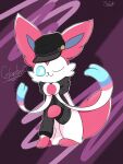  2020 3:4 :3 blue_body blue_eyes blue_fur celandine clothed clothing digital_media_(artwork) eeveelution feral firecell fur hat headgear headwear hi_res hindpaw looking_at_viewer multicolored_body nintendo one_eye_closed paws pink_body pink_fur pok&eacute;mon pok&eacute;mon_(species) ribbons signature simple_background sitting smile solo sylveon topwear video_games white_body white_fur 