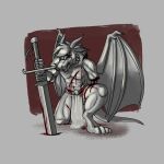  1:1 absurd_res amputation amputee angry anthro belt blood blood_from_mouth blood_in_mouth bodily_fluids bottomwear clothing disability dragon frown hi_res horn jason_(sexydragon201) kneeling loincloth male melee_weapon missing_arm revertigo scowl simple_background solo sword weapon wings wounded 