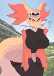  2021 andre_art anthro big_breasts biped blush blush_lines bottomwear breasts canid canine clothed clothing cosplay delphox digital_media_(artwork) female fur hat headgear headwear inner_ear_fluff legwear looking_at_viewer mammal multicolored_body multicolored_fur nintendo photo_background pok&eacute;mon pok&eacute;mon_(species) red_body red_eyes red_fur signature skirt smile solo standing topwear tuft video_games white_body white_fur yellow_body yellow_fur 