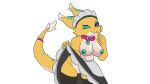  16:9 alpha_channel anthro black_sclera blue_eyes breasts clothed clothing collar female fur furred_kobold genitals hi_res kobold legwear looking_at_viewer maid_uniform nipples nude pocketmob pussy simple_background smile solo stockings transparent_background uniform widescreen yellow_body yellow_fur zeta_(pocketmob) 