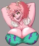  absurd_res arms_above_head ashido_mina big_breasts black_sclera breasts cleavage clothed clothing female hi_res horn horned_humanoid huge_breasts humanoid my_hero_academia nipple_outline not_furry pink_body reliusmax solo yellow_eyes 