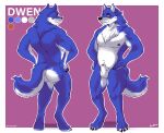  animal_genitalia anthro bcokami blue_body blue_fur blue_hair canid canine canis dwen fur genitals hair hi_res male mammal model_sheet musclegut nude sheath solo wolf 