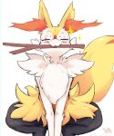  ambiguous_gender anthro begging begging_pose biped blush braixen canid canine crouching daww digital_media_(artwork) eyes_closed fur happy hi_res inner_ear_fluff mammal nintendo playful pok&eacute;mon pok&eacute;mon_(species) pose proud simple_background smile solo sparkles stick tuft v_a_(artist) video_games white_body yellow_body yellow_fur 