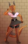  2021 anthro clothed clothing digital_media_(artwork) grumpy_griffin_creations hi_res horn kobold legwear looking_at_viewer male simple_background smile solo standing tongue 