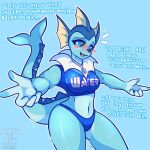  1:1 2021 5_fingers absurd_res anthro anthrofied biped blue_background blue_body blue_clothing blue_eyes blush breasts clothed clothing eeveelution english_text female fingers frill_(anatomy) hi_res jewelry looking_at_viewer membrane_(anatomy) membranous_frill meme nagifur necklace nintendo pok&eacute;mon pok&eacute;mon_(species) pok&eacute;morph simple_background swimwear text text_on_clothing text_on_topwear topwear vaporeon vaporeon_copypasta video_games wet 