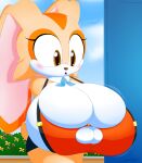 anthro big_breasts blush bottomwear breasts bulging_breasts cleavage cleavage_overflow clothed clothing cream_the_rabbit female hi_res hotpants huge_breasts lagomorph leporid mammal outside rabbit sega shorts slickehedge solo sonic_the_hedgehog_(series) suspenders 