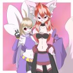 1:1 amilina anthro blonde_hair breasts canid canine chest_tuft clothed clothing duo female fox fur gendoempertags hair lagomorph leporid mammal midriff navel rabbit red_eyes red_hair tuft white_body white_fur 