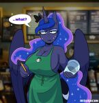  2021 5_fingers anthro apron barista big_breasts biped bodily_fluids breasts cleavage clothed clothing cutie_mark dialogue digital_media_(artwork) equid equine ethereal_hair feathered_wings feathers female fingers friendship_is_magic green_apron hasbro holding_object horn i_mean_breast_milk jewelry lidded_eyes looking_at_viewer mammal meme my_little_pony navel pencil_(object) princess_luna_(mlp) question redxbacon side_boob solo speech_bubble starbucks sweat sweatdrop unamused winged_unicorn wings 