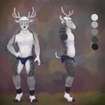  1:1 antlers blue_clothing blue_underwear briefs cervid clothing color_swatch cowardlion fur grey_body grey_fur hair horn male mammal model_sheet short_hair solo spots spotted_body spotted_fur standing underwear white_hair 
