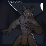  1:1 2021 abs anthro black_border border bottomwear chiropteran claws clothing english_text flying fur grey_background jrjresq loincloth male mammal moon muscular muscular_anthro muscular_male narrowed_eyes navel number pecs sharp_teeth simple_background smile solo teeth text tuft wings 