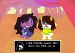  2021 ambiguous_gender anthro barefoot bottomless bovid buckteeth caprine clothed clothing deltarune dialogue digital_media_(artwork) dinosaur duo english_text feet female fur goat hair happy_tree_friends hi_res horn humor kris_(deltarune) kris_where_are_we mammal meme plant profanity reptile scalie shawzii style_parody susie_(deltarune) teeth text toeless_feet tree undertale_(series) video_games 