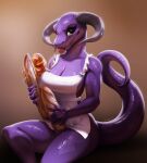  anthro apron apron_only blep bread breasts claws cleavage clothed clothing female fivel food hi_res horn kobold mostly_nude multicolored_body multicolored_scales non-mammal_breasts raised_tail risque_(jellicledry) scales solo thick_thighs tongue tongue_out two_tone_body two_tone_scales 