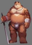  2021 anthro asian_clothing belly black_nose brown_body bulge clothing east_asian_clothing fundoshi hi_res horn humanoid_hands japanese_clothing kemono male mammal moobs navel nipples overweight overweight_male park_kr simple_background solo tattoo underwear ursid weapon white_clothing white_fundoshi white_underwear 