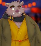  2021 anthro asian_clothing biped blush brown_body clothing east_asian_clothing hi_res in_jekuto japanese_clothing kemono male mammal mogura_yuuuk night one_eye_closed outside overweight overweight_male scarf solo suid suina sus_(pig) utau wild_boar wink 