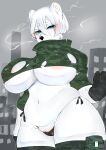  absurd_res anthro big_breasts blue_eyes blush breasts camo camo_clothing camo_print chubby_female city cityscape clothed clothing curvy_figure female fur gloves hair handwear hi_res huge_breasts kemono legwear mammal navel nipple_outline pattern_clothing polar_bear short_hair sirn_0121 slightly_chubby solo standing thick_thighs thigh_highs ursid ursine voluptuous white_body white_fur white_hair wide_hips 