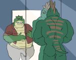  anthro belly birdy bulge clothing dinosaurs_(series) duo earl_sinclair father father_and_child father_and_son genital_outline green_body green_scales incest_(lore) male male/male nude overweight overweight_male parent parent_and_child penis_outline robbie_sinclair scales scalie smile smirk son tagme 