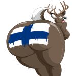  anthro antlers big_butt breasts brown_body brown_fur butt butt_focus cervid female finnish_flag fur hi_res horn imaranx inner_ear_fluff looking_at_viewer looking_back mammal one_eye_closed open_mouth scut_tail short_tail simple_background solo tuft wink 