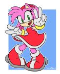  accessory amy_rose anthro black_nose clothing dress eulipotyphlan eyelashes female footwear fur gesture gloves green_eyes hair_accessory hairband handwear hedgehog looking_at_viewer mammal pink_body pink_fur sega simple_background solo sonic_the_hedgehog_(series) sournack v_sign 