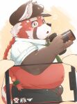  10_cosmo_24 2021 ? ailurid anthro belly blush brown_body bulge camera cellphone clothing hat headgear headwear hi_res humanoid_hands kemono lifewonders male mammal navel necktie overweight overweight_male phone red_body red_panda shirt smartphone solo_focus tokyo_afterschool_summoners topwear underwear video_games zhurong_(tas) 
