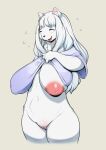  5_fingers anthro areola big_areola big_breasts biped black_nose blush bottomless breasts camel_toe canid canine clothed clothing clothing_lift eyes_closed female fingers fur genitals hair hi_res j7w kemono long_hair mammal mature_female nipples one_breast_out open_mouth open_smile peach_pussy pink_areola pink_nipples portrait pussy shirt shirt_lift simple_background smile solo standing three-quarter_portrait topwear white_body white_fur white_hair 