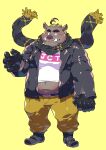  2021 anthro belly blush bottomwear brown_body clothing hi_res humanoid_hands in_jekuto kemono male mammal navel overweight overweight_male pants scarf shirt simple_background solo star_parlor suid suina sus_(pig) topwear utau wild_boar 