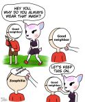  animal_crossing bottomwear cervid clothing comic dialogue diana_(animal_crossing) dress english_text female fishing_rod footwear fur hair male mammal mask nintendo pink_hair sainliz shirt shoes shorts simple_background text topwear video_games white_body white_fur 