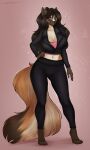  absurd_res anthro breasts canid canine canis clothing domestic_dog female fur hi_res hierophant_green_(artist) jacket mammal pinup pose shepherd solo topwear 