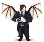  2021 absurd_res anthro biped bottomwear camera clothing dragon gloves handwear hi_res horn humanoid_hands male necktie pants sato_afroleone shirt simple_background solo topwear white_background wings 