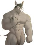  2021 abs anthro balls big_muscles eyebrows facial_hair fist flaccid foreskin genitals hair hi_res horn huge_muscles humanoid_genitalia humanoid_penis jrjresq looking_at_viewer male mammal muscular muscular_anthro muscular_male navel nipples nude pecs penis rhinocerotoid scar simple_background solo standing stubble thick_thighs white_background 