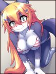  2021 3:4 accessory all_fours anthro barefoot big_breasts bikini blush breasts canid canine canis claws cleavage clothed clothing feet female fur gloves_(marking) green_eyes hair hair_accessory hairclip hane hi_res inner_ear_fluff kemono leg_markings long_hair looking_at_viewer mammal markings multicolored_body multicolored_fur nipple_outline off_shoulder orange_hair paws purple_body purple_canid_(hane) purple_fur socks_(marking) solo spiral_eyes swimwear toe_claws toes tuft two_tone_body two_tone_fur white_body white_fur wolf 