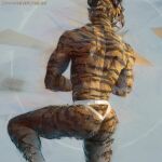  1:1 2019 abstract_background anthro back_muscles biceps brown_body brown_fur brown_stripes butt clothed clothing digital_media_(artwork) felid fur jockstrap jockstrap_only male mammal muscular muscular_anthro muscular_male orange_body orange_fur pantherine pose solo step_pose stigmata striped_body striped_fur stripes tailless tiger underwear underwear_only white_body white_clothing white_fur white_jockstrap white_underwear 