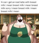  anthro apron apron_only avian beak belly beverage big_belly bird brown_body clothing coffee coffee_shop english_text green_apron hi_res huge_moobs huge_thighs hyper hyper_belly i_mean_breast_milk male megacoolbear_(artist) meme mostly_nude obese obese_anthro obese_male overweight overweight_anthro overweight_male solo text thick_thighs 