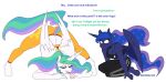  2021 anthro anthrofied ass_up bottomwear breasts cleavage clothed clothing dialogue english_text equid equine ethereal_hair eyes_closed female friendship_is_magic hair hasbro hi_res horn jack-o&#039;_pose mammal my_little_pony pants ponytail pose princess_celestia_(mlp) princess_luna_(mlp) redxbacon simple_background text unicorn_horn white_background winged_unicorn wings yoga_pants 